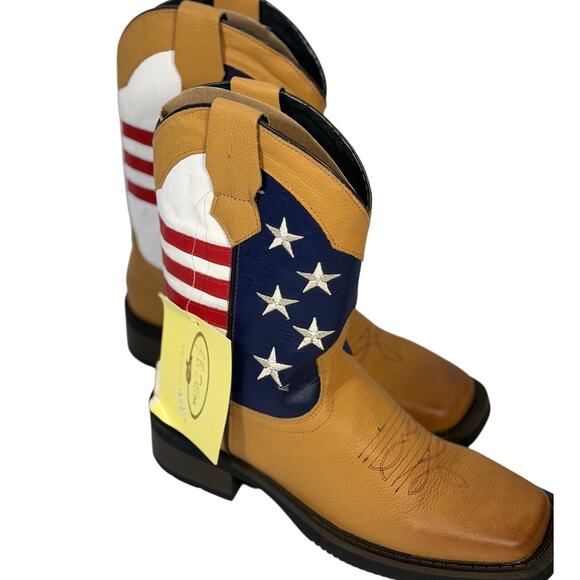 Patriotic American Flag Western Cowboy Boots Youth 5.5M Tan Leather NWT